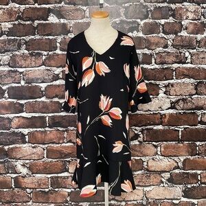Nadal Dress Black Pink Floral Tulips V-Neck Size XXL